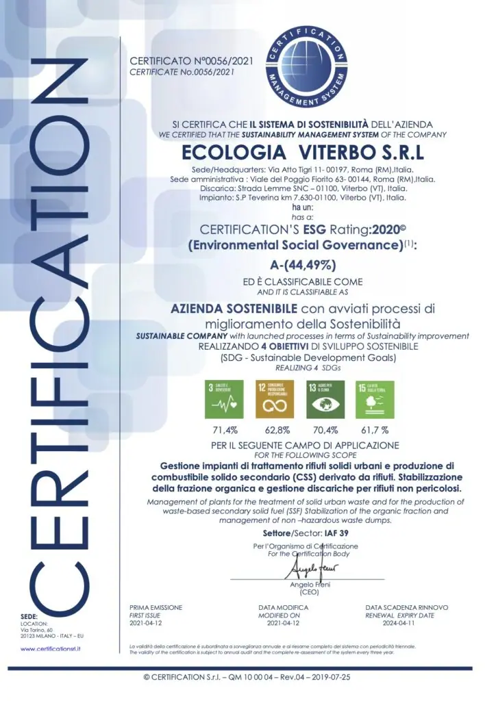 Certificazione ESG rating 2020 Ecologia Viterbo