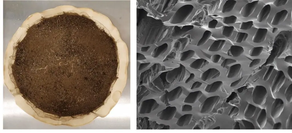 A sinistra l’hydrochar ottenuto dalla carbonizzazione idrotermale di FOS e percolato di discarica. A destra un’immagine al microscopio della porosità dell’hydrochar attivato tramite forno tubolare